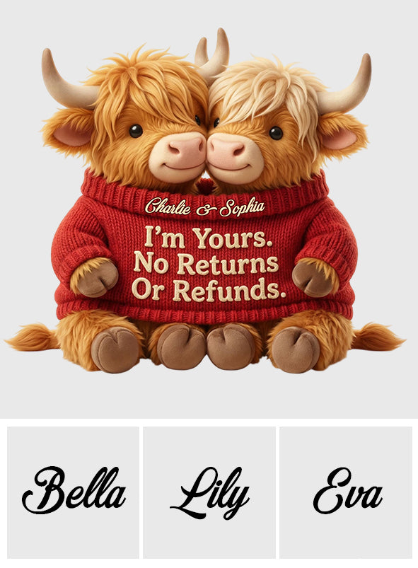 I'm Yours. No Returns Or Refunds - Personalized Highland Cow Faux Fur Shaped Pillow