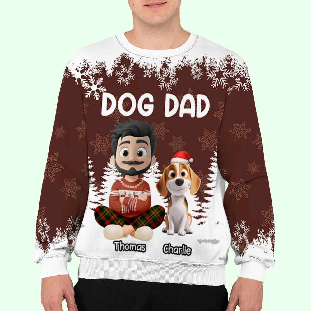 Personalized Dog Dad Printed Sweatshirt with Custom Cartoon Man and Puppy, Cozy Christmas Gift for Proud Pet Lovers