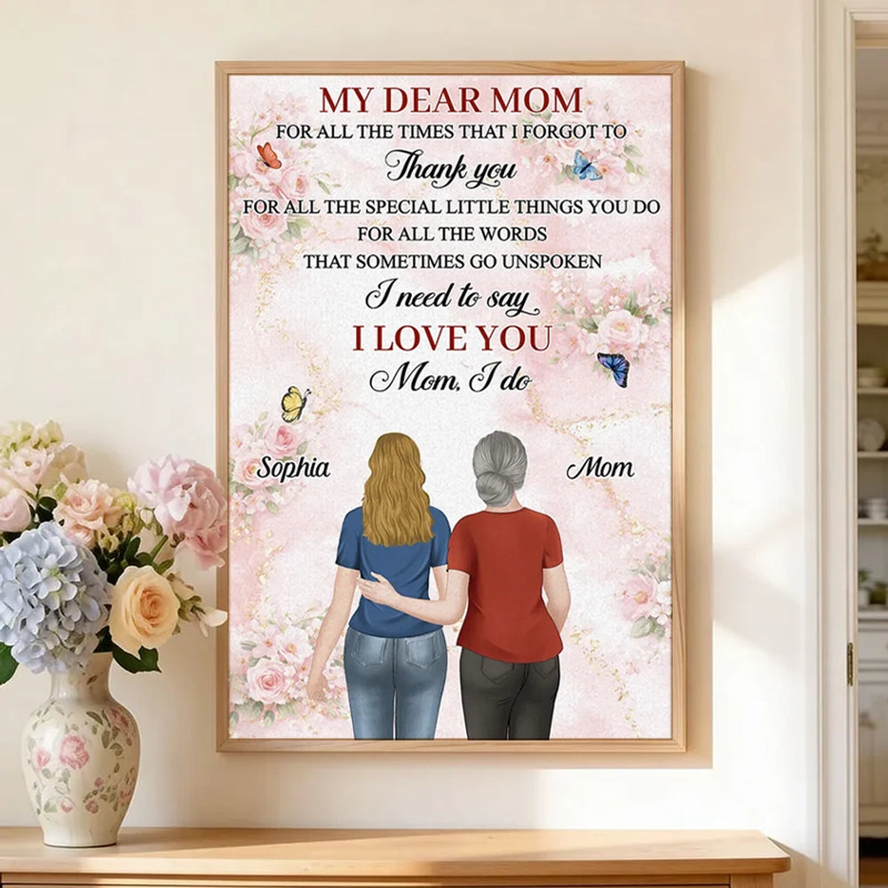 My Dear Mom Personalized Poster, Mother Daughter Hug Illustration, Soft Floral Wall Decor, Heartwarming Gift for Mom