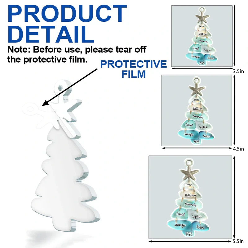 Acrylic Ornament, Personalized Sea-Glass Tree for Christmas Decor, Coastal Aqua Glow, a unique family gift