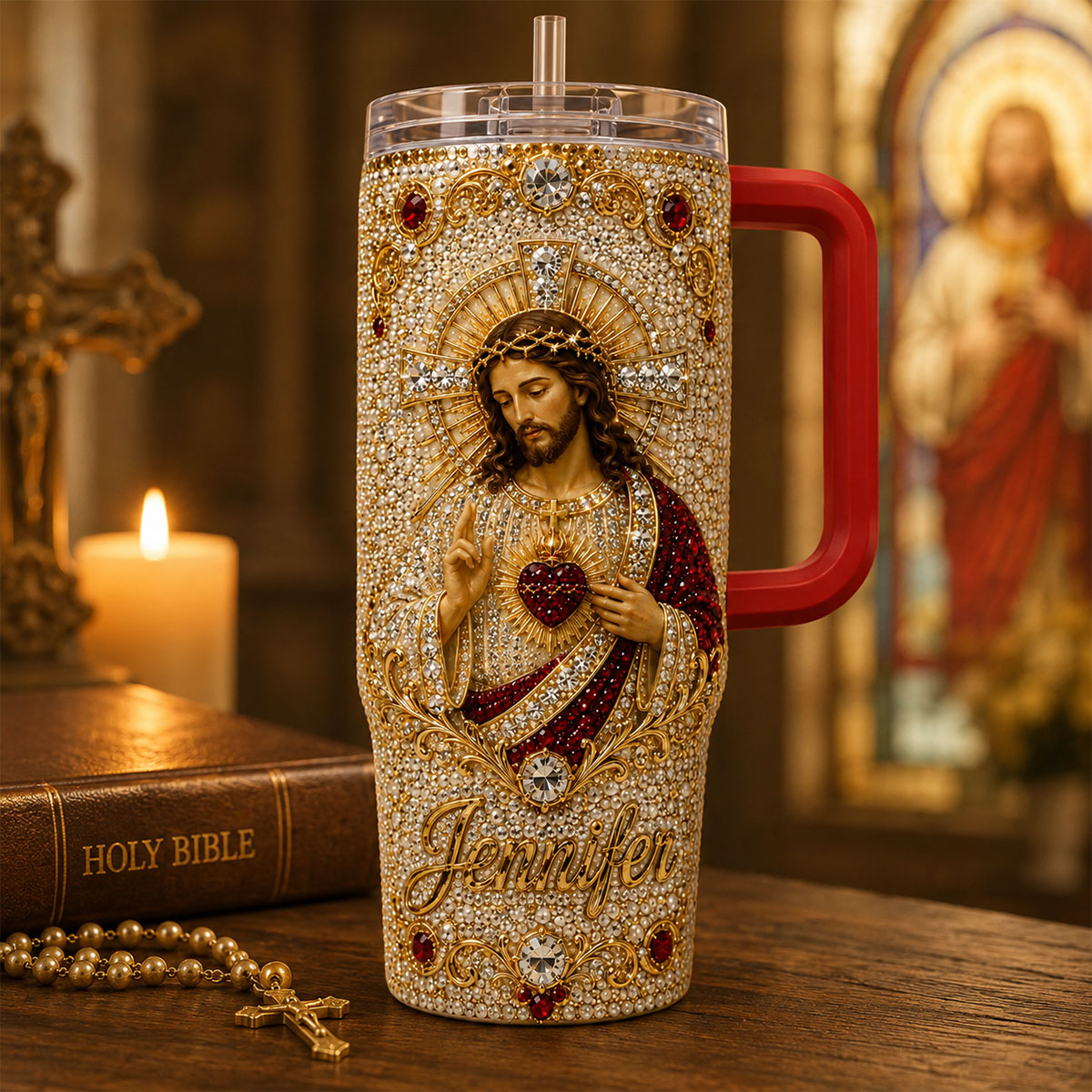 God Bless You - Personalized Christian Rhinestone Tumbler With Handle