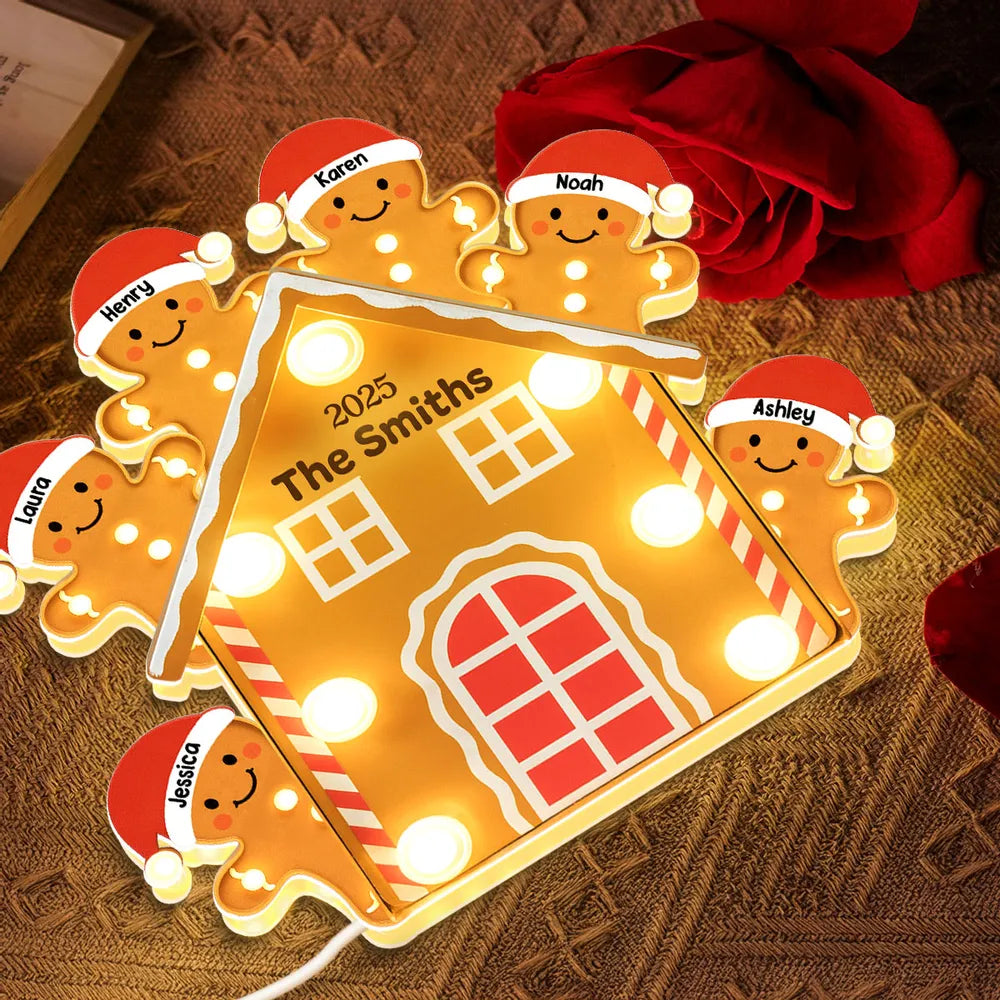 Custom Family Acrylic Light Box Lamp with Gingerbread House and Warm Glow, Festive Bedroom Light and Heartfelt Christmas Gift