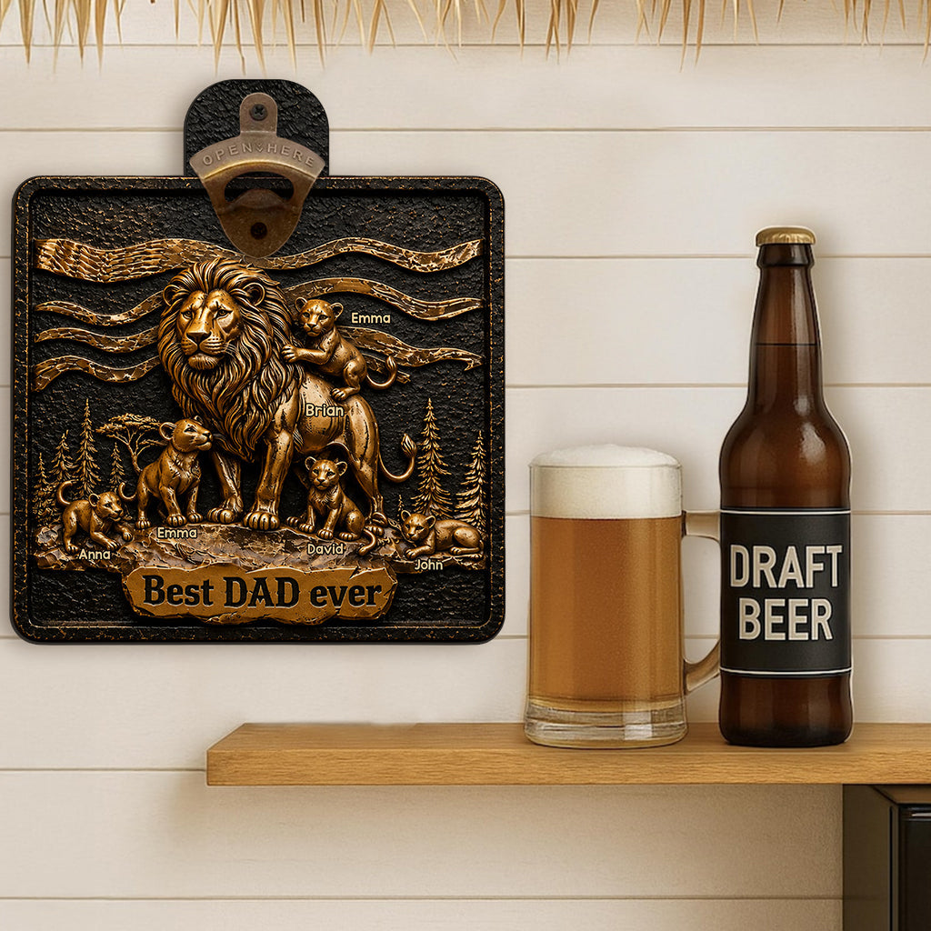 Lion Dad And Kids - Personalized Father Wall Bottle Opener