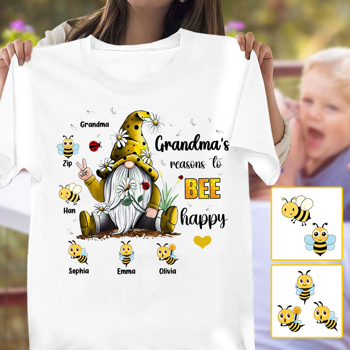 Grandma's Reasons To Bee Happy - Personalized Grandma T-shirt And Hoodie