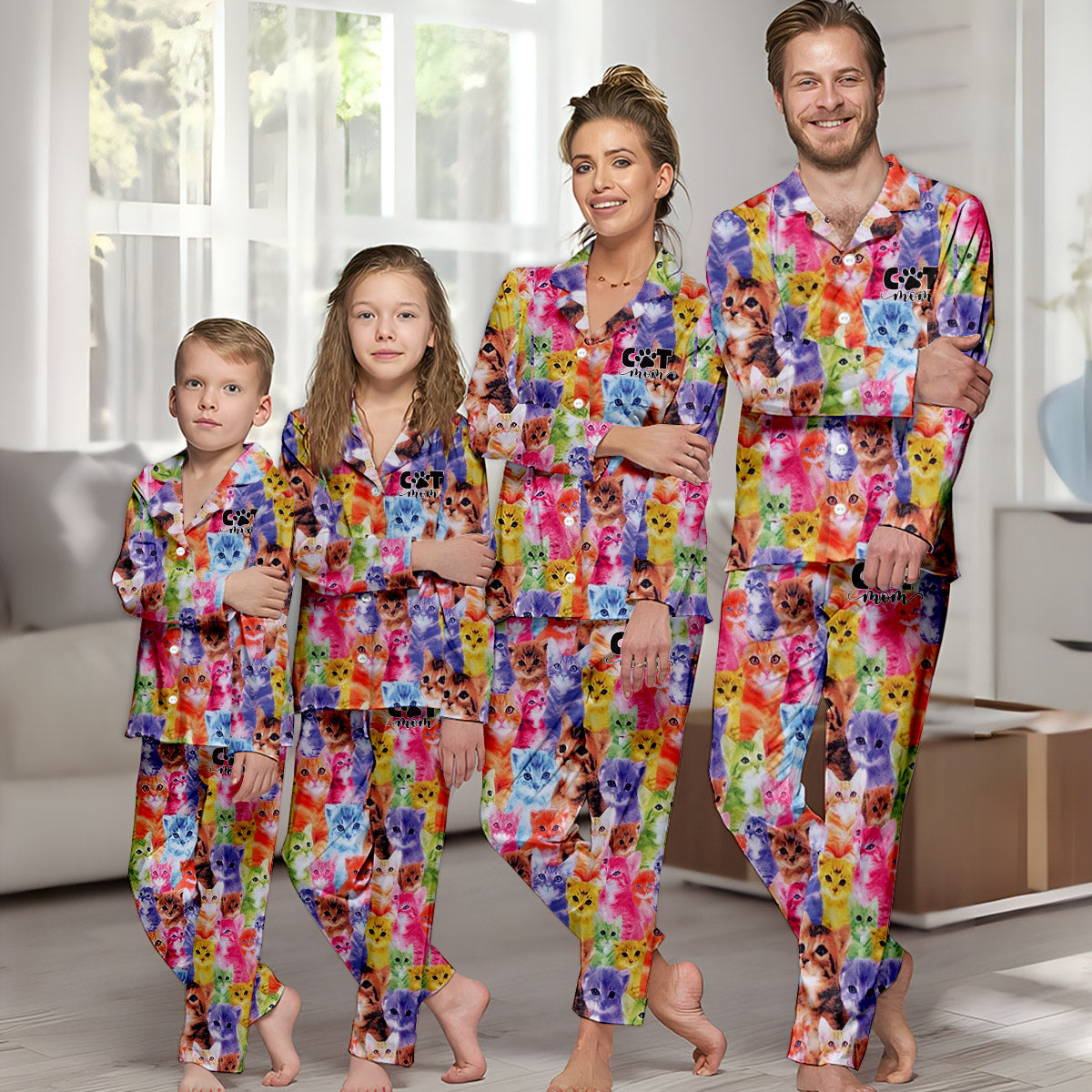 Photo Insert Transferring Into Colorful Style - Personalized Cat Button Down Pajamas