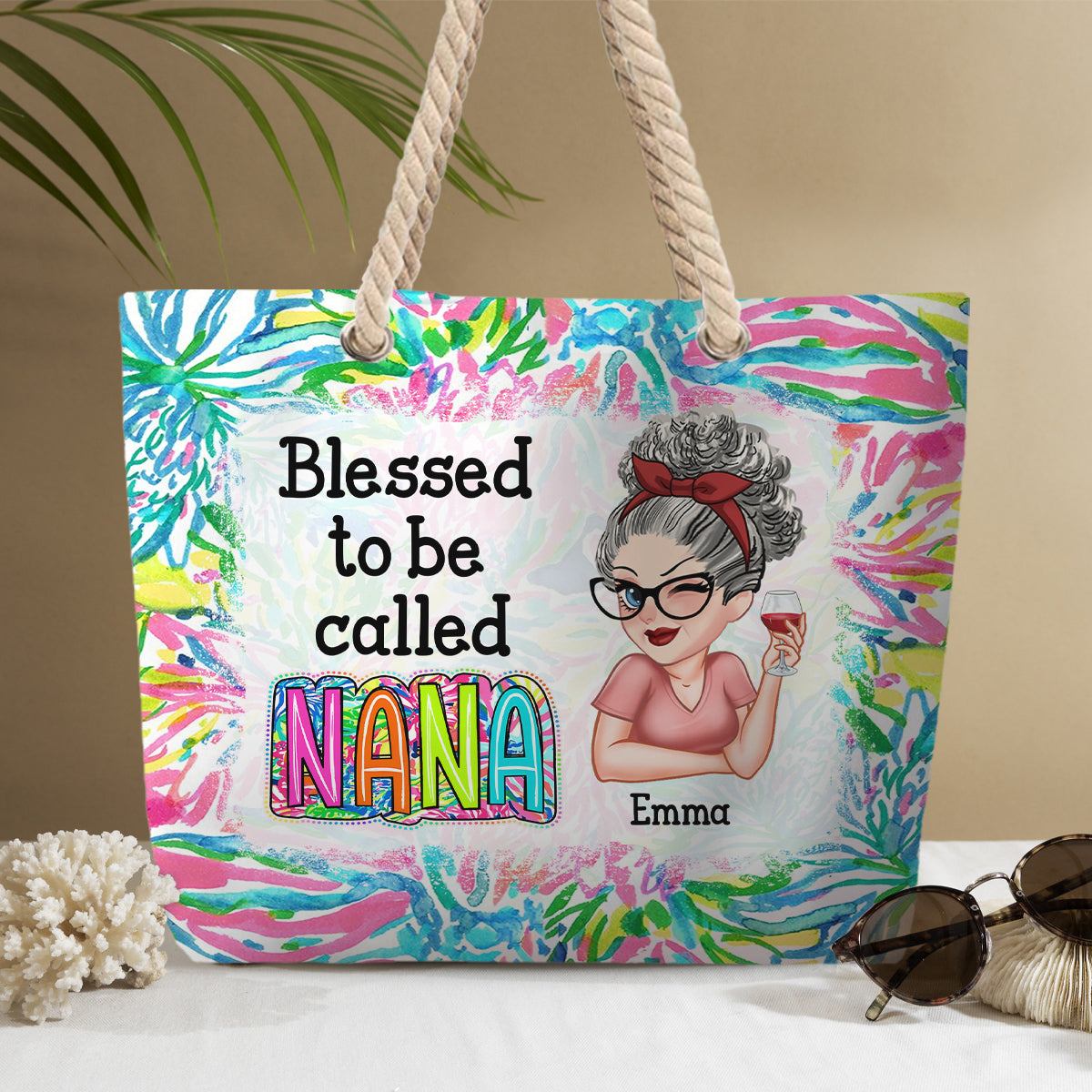 Grandma Nana Gigi Scribble Doodle Grandkid - Personalized Grandma Beach Bag