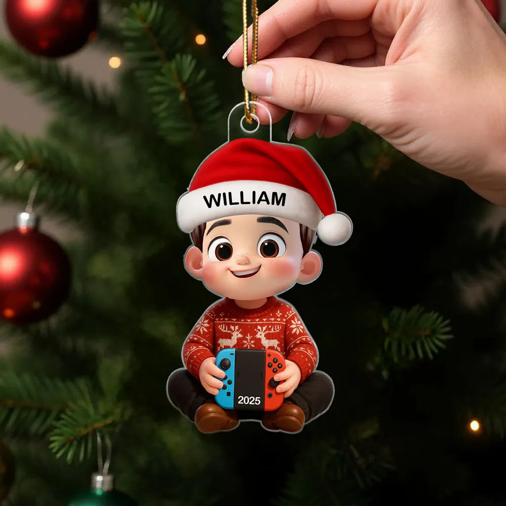 Personalized Cartoon Christmas Ornament with custom name, playful Nintendo Switch design, perfect gift for kids and gamers, ideal for holiday decorating