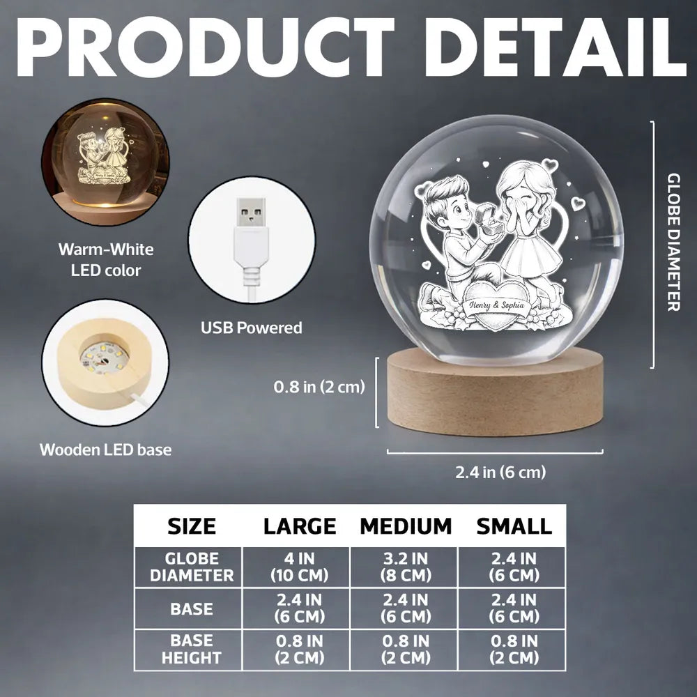 Personalized Crystal Ball LED Night Light, Kneeling Proposal Scene Night Light, Sweet Romantic Gift for Valentine's Day