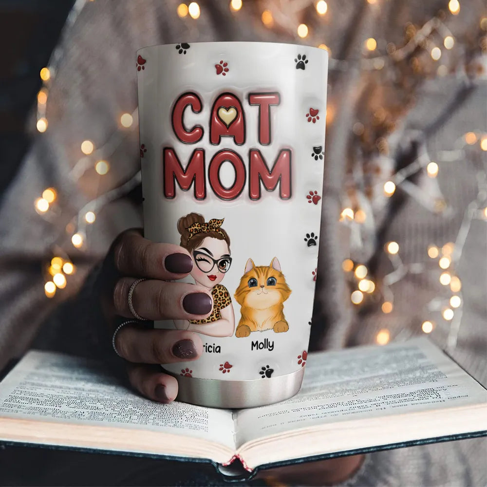 Insulated Travel Tumbler with Cat Mom Illustration, A Fun and Heartwarming Gift for Pet Lovers