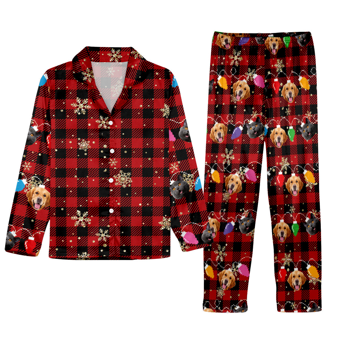 Lovely Dog Cat Pet Face Christmas Light String - Gift for dog lovers, cat lover - Personalized Button Down Pajamas
