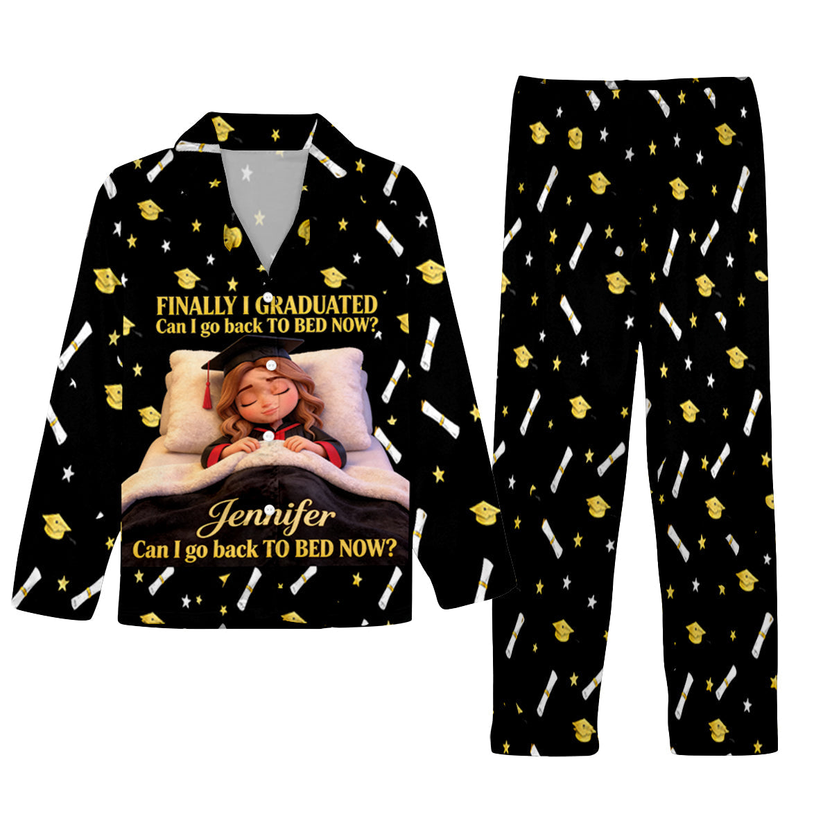 Can I Go To Bed Now - Personalized Graduation Button Down Pajamas