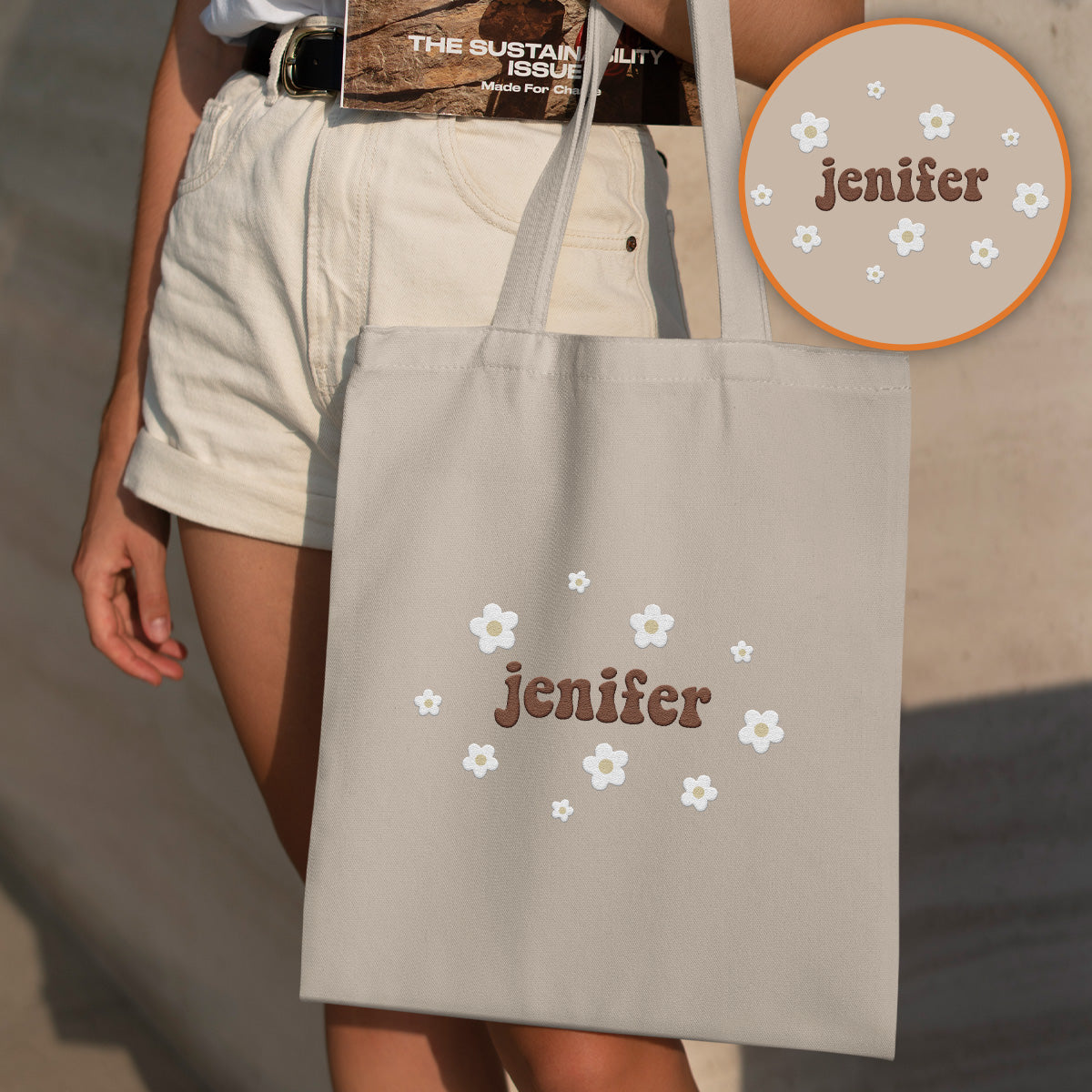 Custom Name With Flower - Personalized granddaughter Embroidered Tote Bag