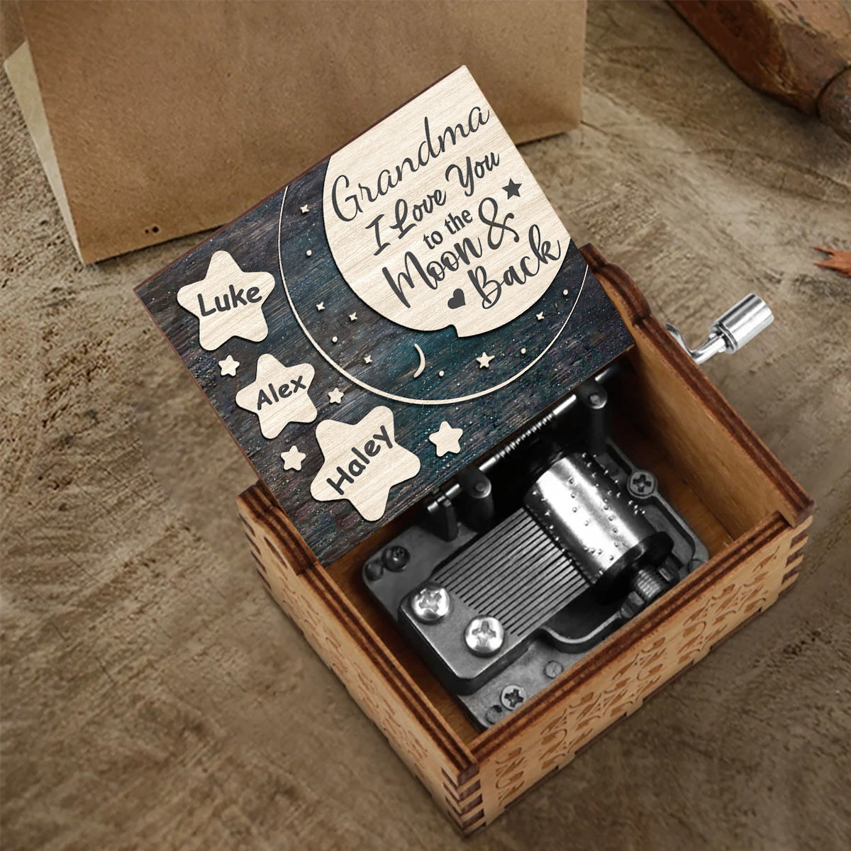 I Love You To The Moon And Back - Gift for mom, grandma, dad, grandpa - Personalized Hand Crank Music Box
