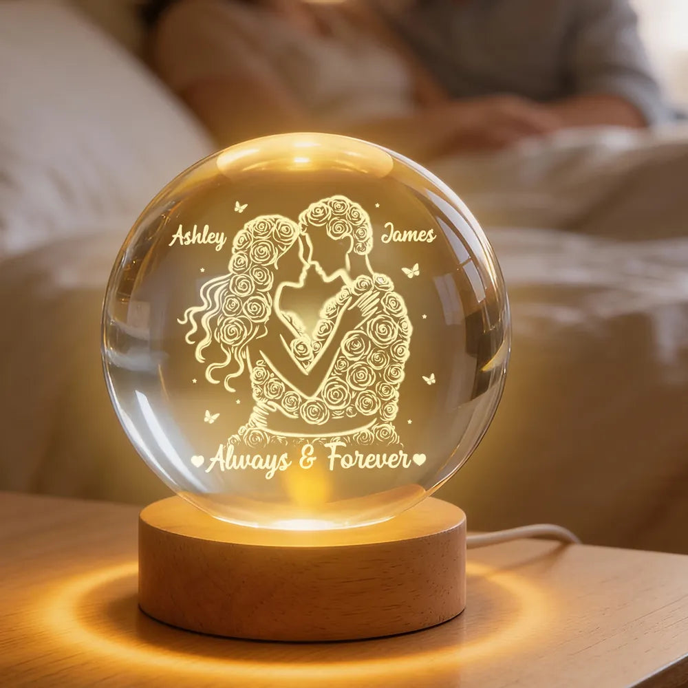 Personalized Crystal Ball LED Night Light -Romantic Rose Couple Night Light for Bedroom Decor Unique Valentine's Day Gift for Her or Him