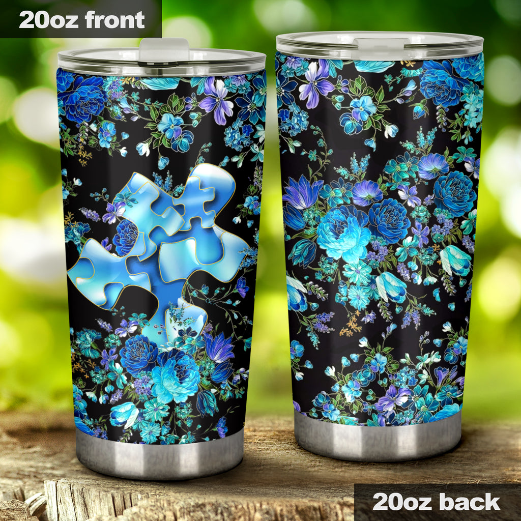Blue Floral Puzzle Autism Awareness Tumbler 0622