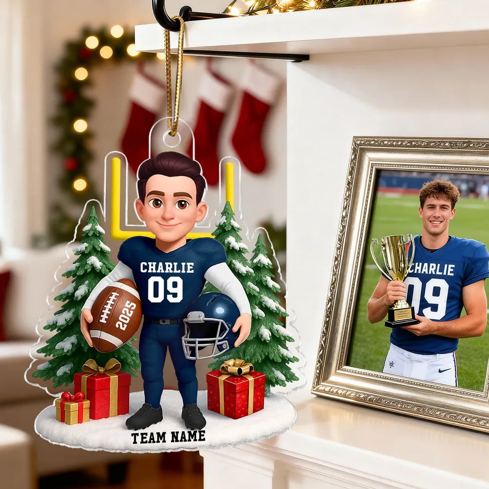 Acrylic Ornament Cute Football Player with Gifts & Trees, Festive Decor, Creative Gift for Kids and Football Lovers