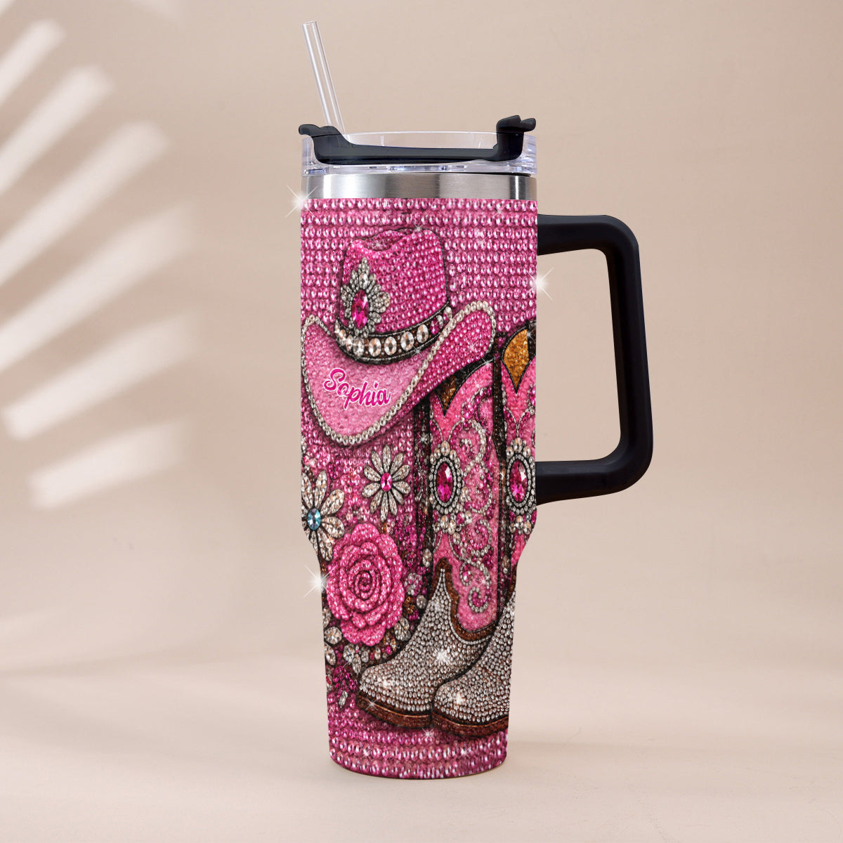 Cowgirl Boots - Personalized Cowgirl Rhinestone Tumbler With Plush Charm