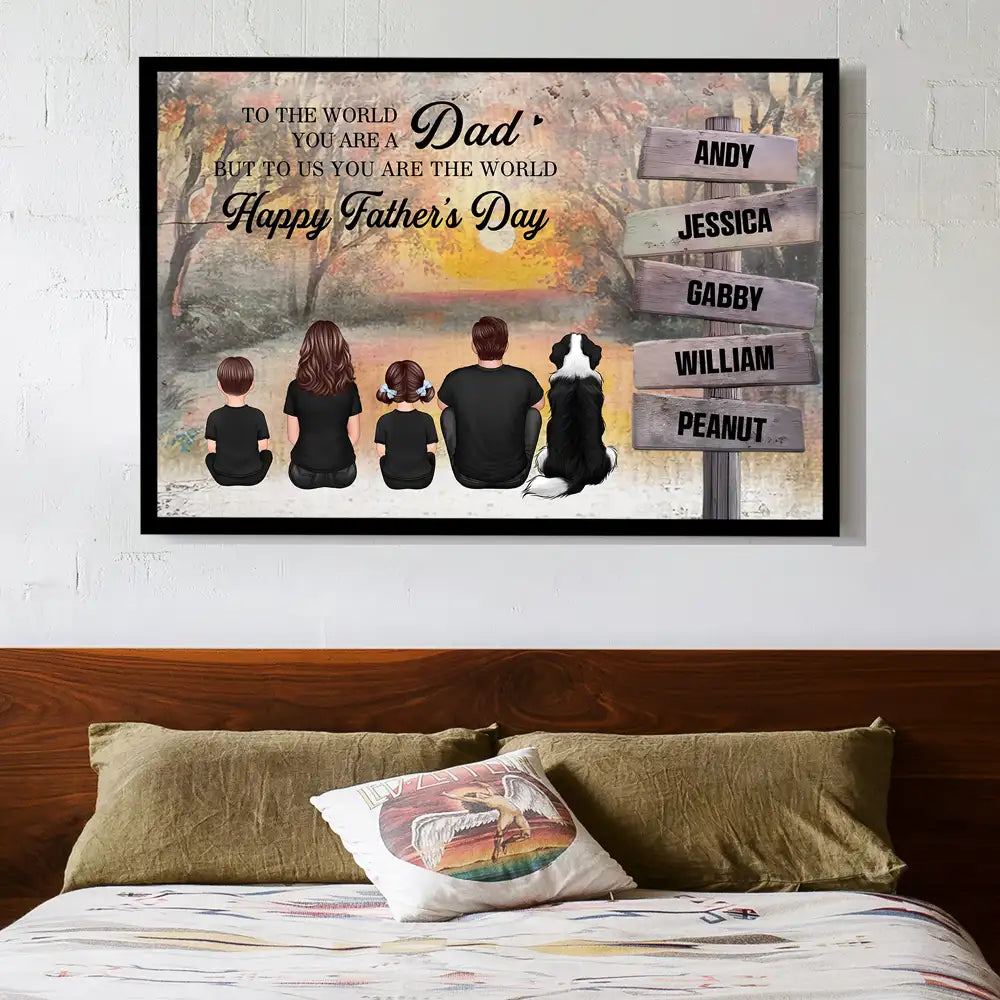Custom Back‑View Family Canvas – Dad Is Our World Quote, Signpost with Names, Heartfelt Gift for Husband or Son