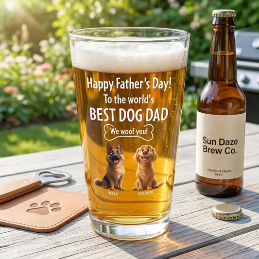 Happy Father's Day Best Dog Dad Personalized Beer Glass - Custom Pet Lover Gift for Dad, Classy Home Bar Display
