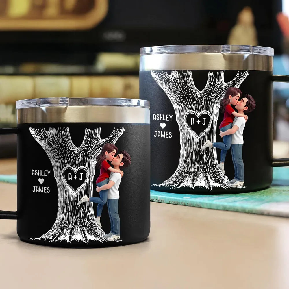 Personalized Stainless Steel Coffee Mug with Kissing Couple & Heart Initials Tree, Unique Romantic Gift for Him or Her