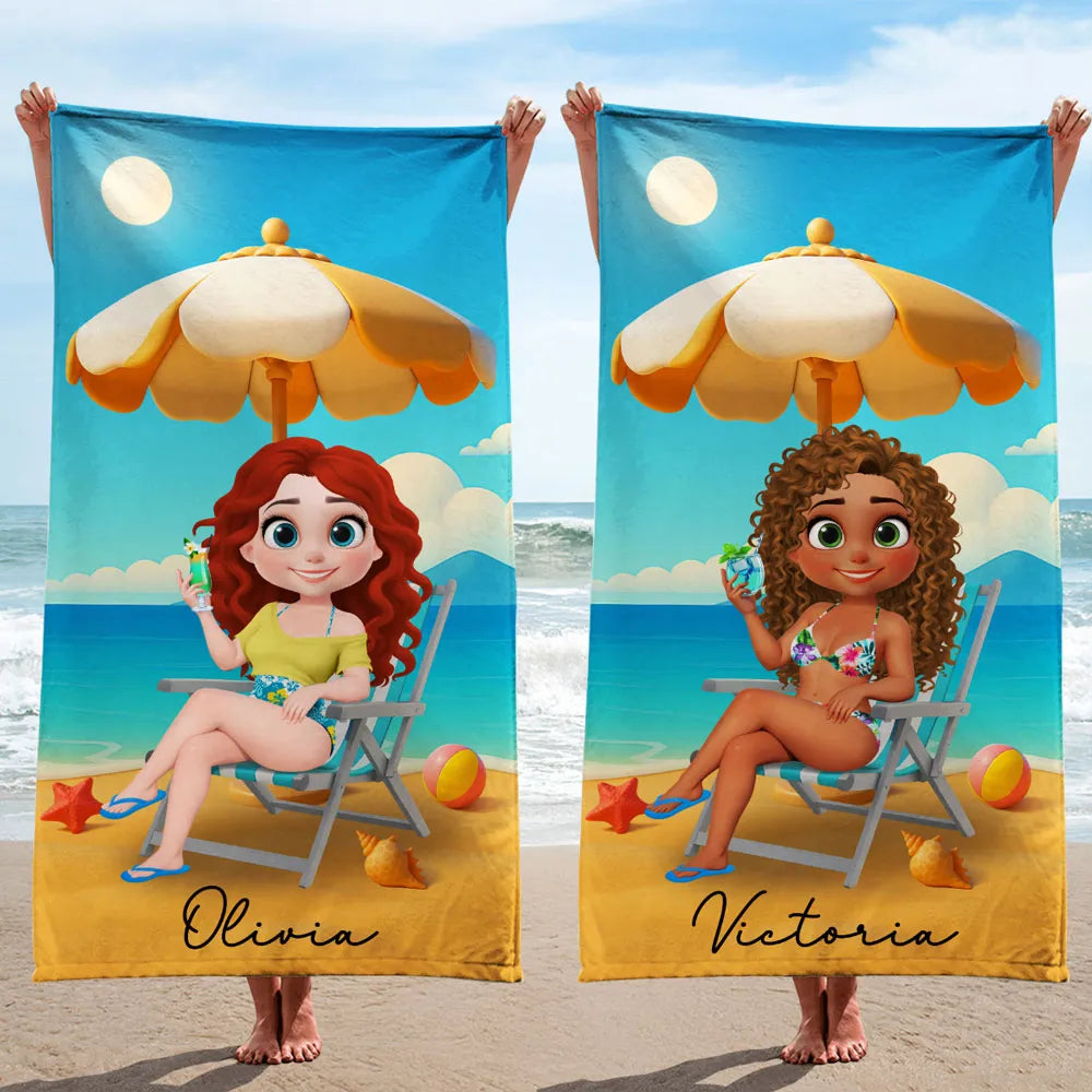 Custom Cartoon Beach Towel – Relax & Sip Under the Sun, Perfect Gift for Wife