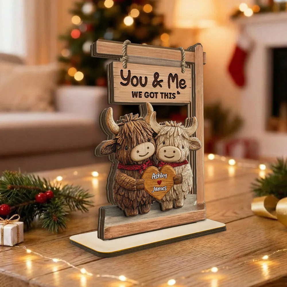 You & Me We Got This 2-Layer Wooden Plaque, Personalized Heart Name Sign with Adorable Cows, Unique Romantic Gift for Couples