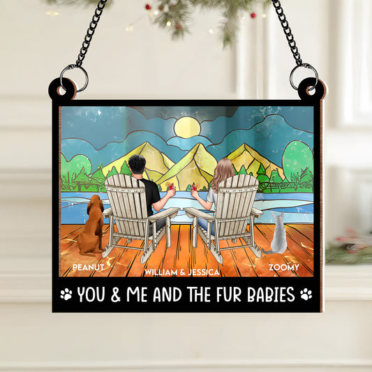 "Rustic Couple and Dogs Wood & Acrylic Ornament - Personalized Mountain View Gift"