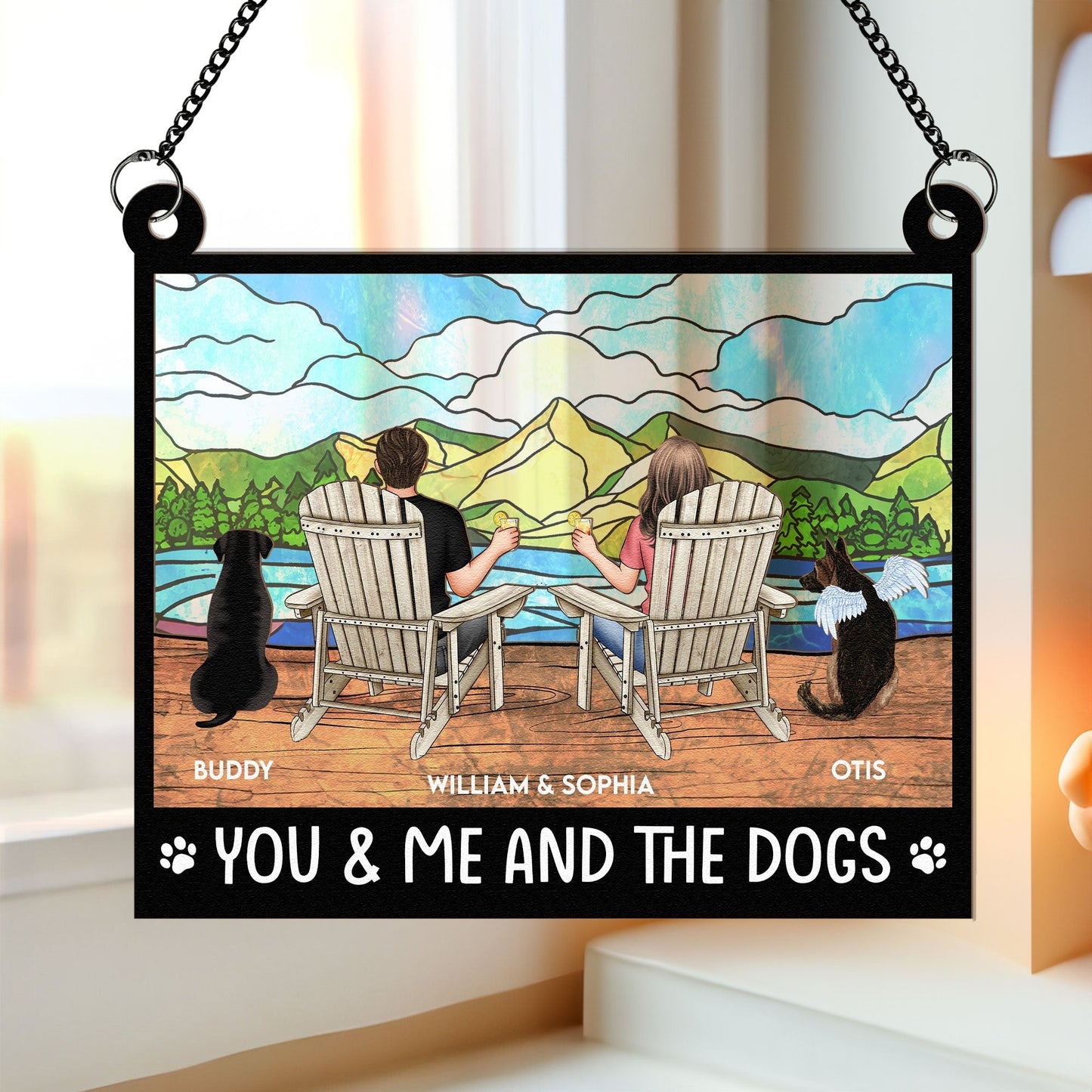 You & Me and the Dogs Mountain Sunset Wood and Acrylic Ornament – Personalized Gift for Couples and Dog Lovers