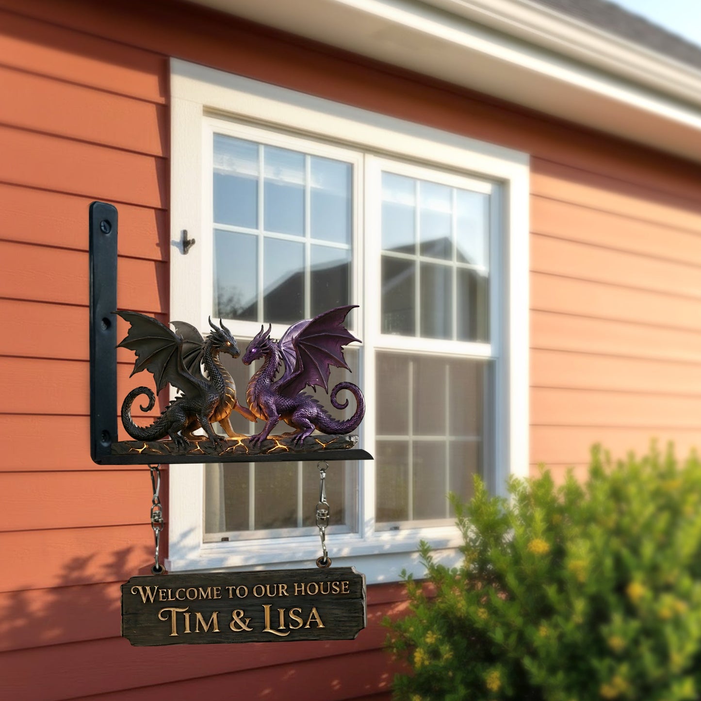 Dragon Couple Welcome Sign - Personalized Dragon Wooden Wall Mount Sign