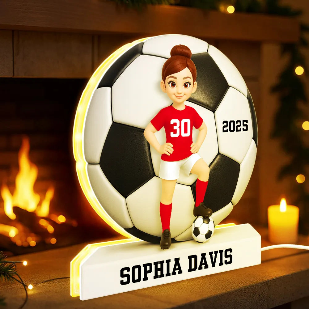 Personalized Acrylic Light Box Soccer Girl Lamp with Custom Player Design, Soft Warm Glow Bedroom Décor, Unique Gift for Young Athletes