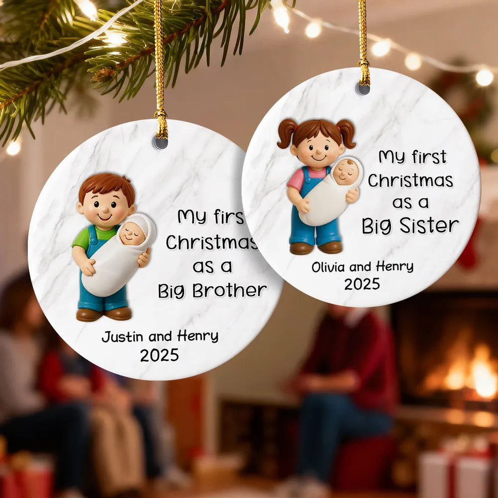 Personalized Big Brother Big Sister Ceramic Ornament celebrating first Christmas as a sibling, round ceramic holiday décor gift