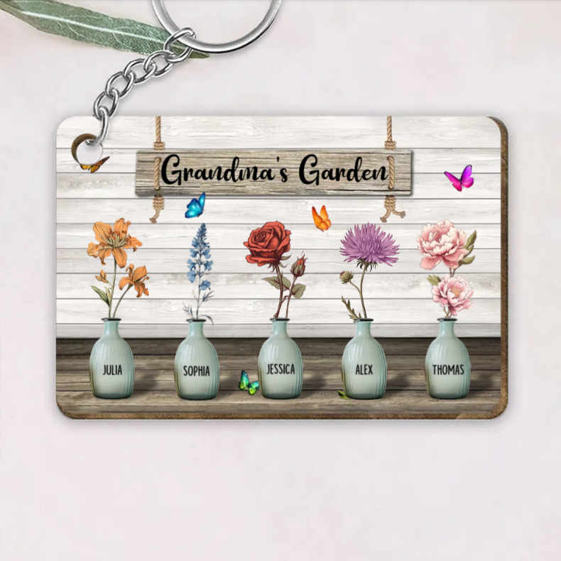 Grandma‘s Garden Birth Month Flowers Pots Personalized Horizontal Keychain or Poster, Mother's Day Gift For Grandma, Mom, Auntie