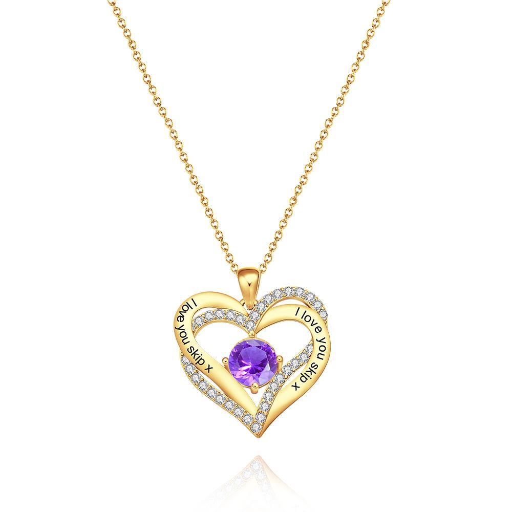 Double Heart - Personalized Couple Diamond Heart Pendant Necklace With Birthstone