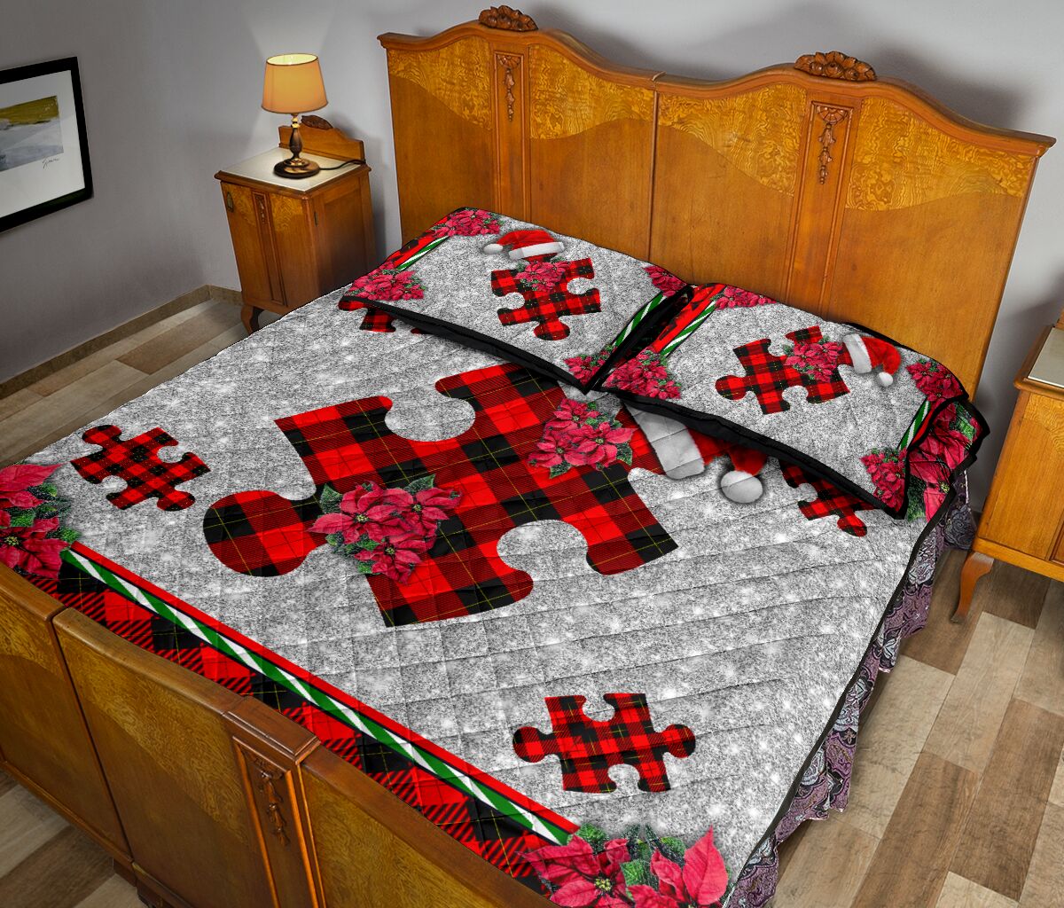 Autism Christmas Faux Glitter Print Autism Awareness Quilt Set 0622
