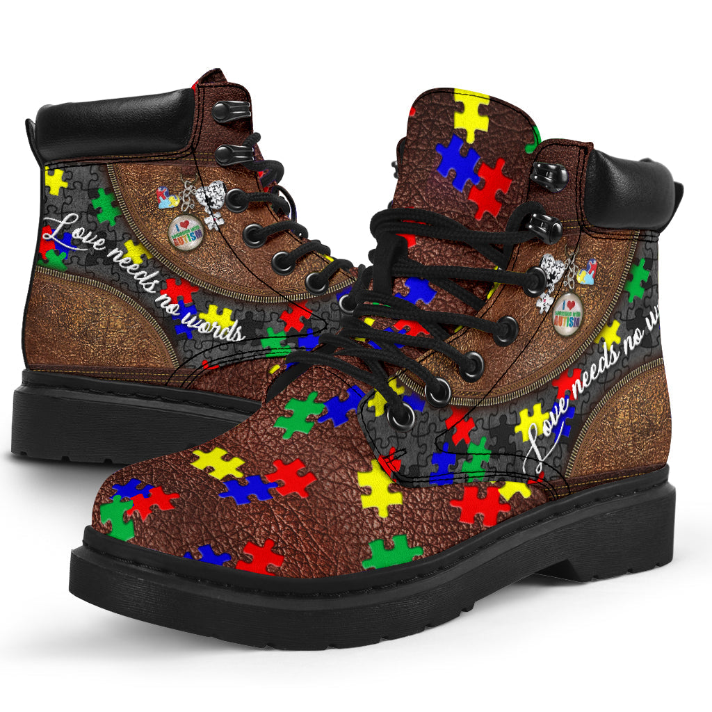 Love Needs No Words Leather Pattern Print Autism Awareness All Season Boots 0622