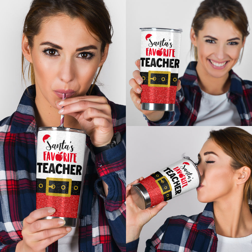 Santa's Favorite Teacher Faux Glitter Print Teacher Tumbler 0622