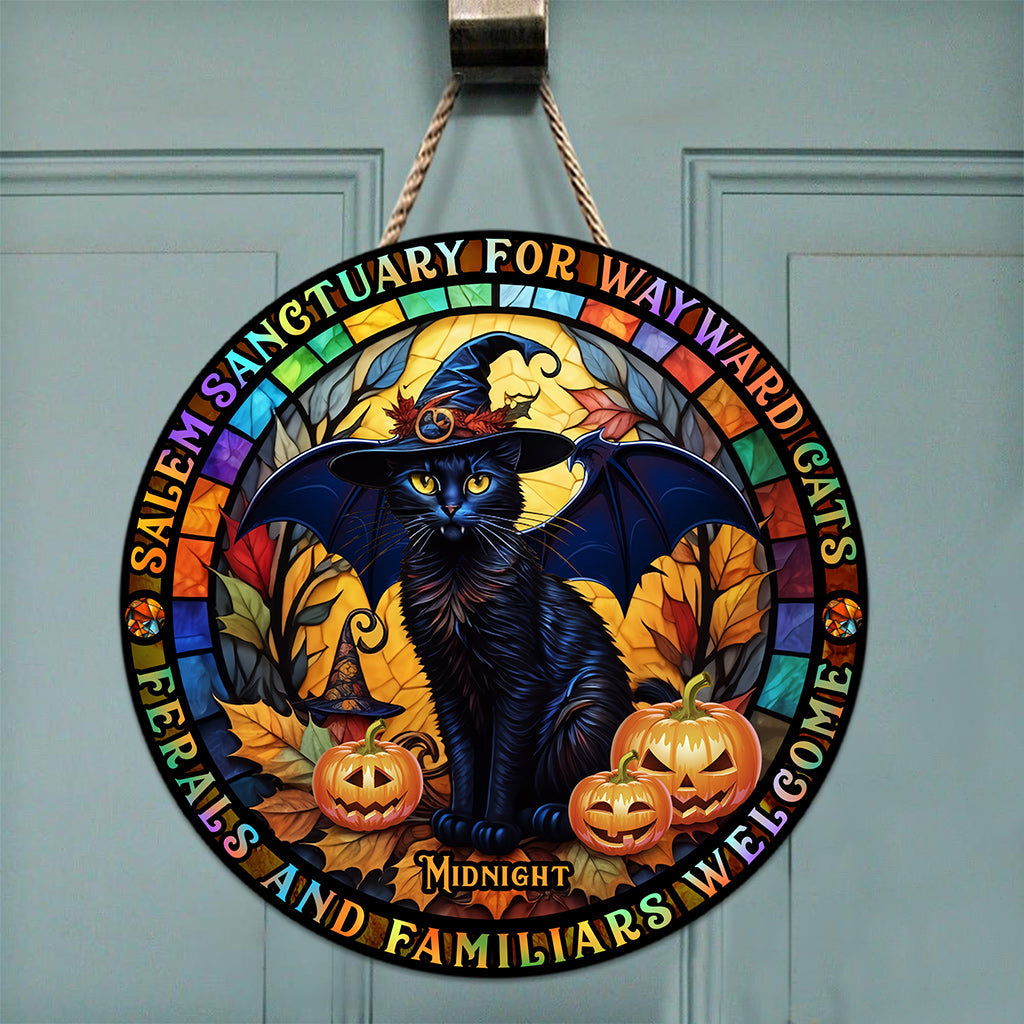 Salem Sanctuary for Wayward Cats - Personalized Black Cat Round Wood Sign