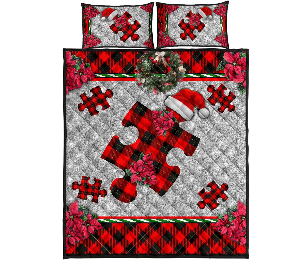 Autism Christmas Faux Glitter Print Autism Awareness Quilt Set 0622