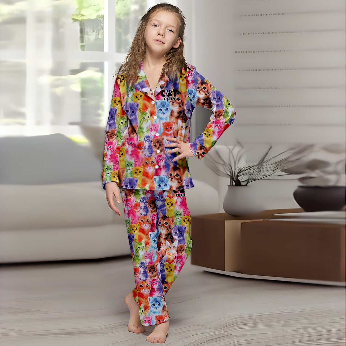Photo Insert Transferring Into Colorful Style - Personalized Cat Button Down Pajamas