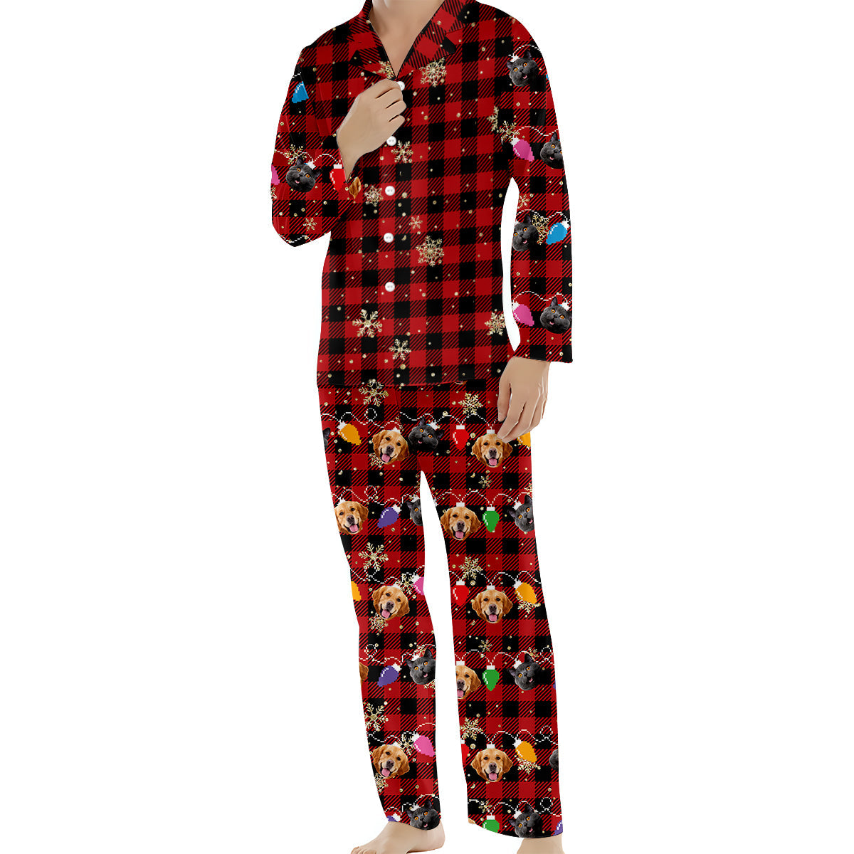 Lovely Dog Cat Pet Face Christmas Light String - Gift for dog lovers, cat lover - Personalized Button Down Pajamas