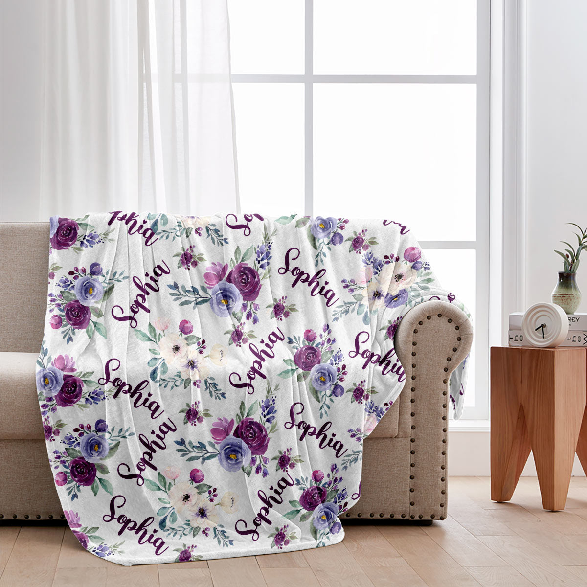 Custom Name Purple Flowers - Personalized Mother Blanket