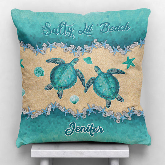 Salty Lil' Beach - Personalized Turtle Throw Pillow