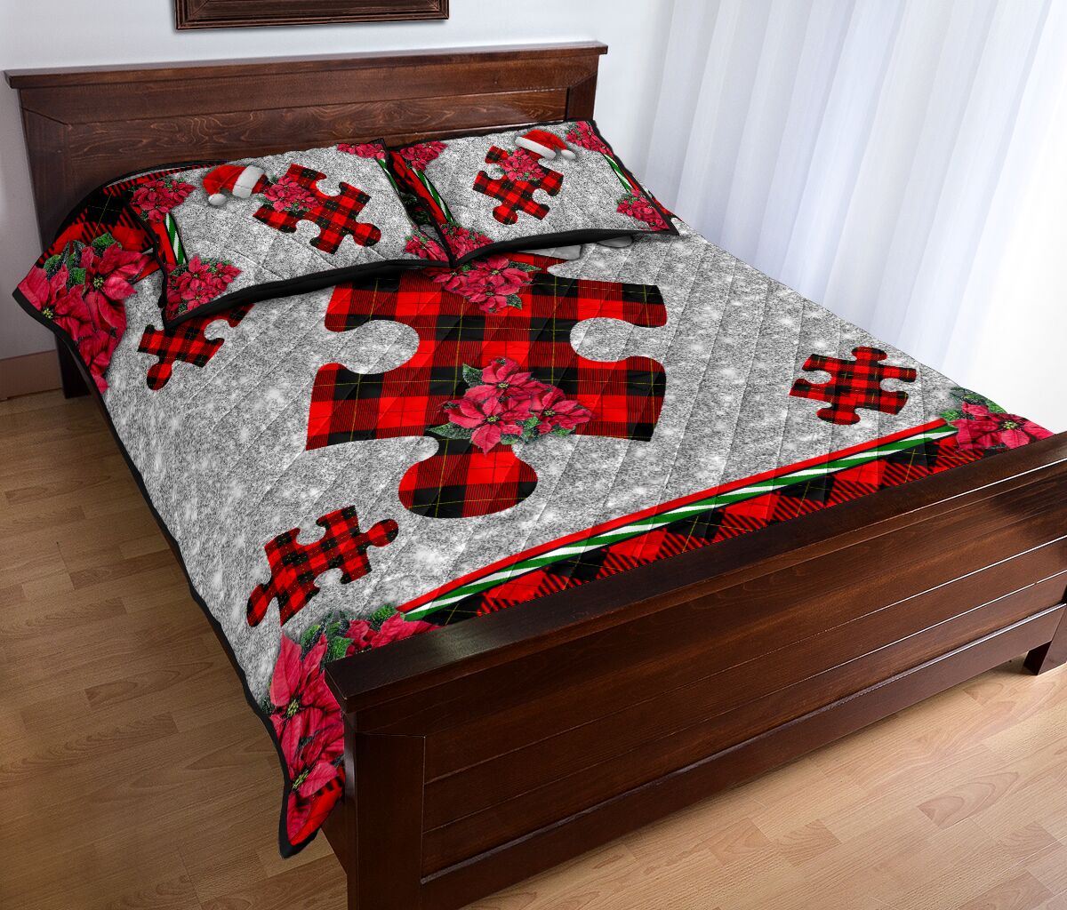 Autism Christmas Faux Glitter Print Autism Awareness Quilt Set 0622