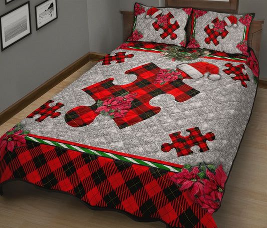 Autism Christmas Faux Glitter Print Autism Awareness Quilt Set 0622