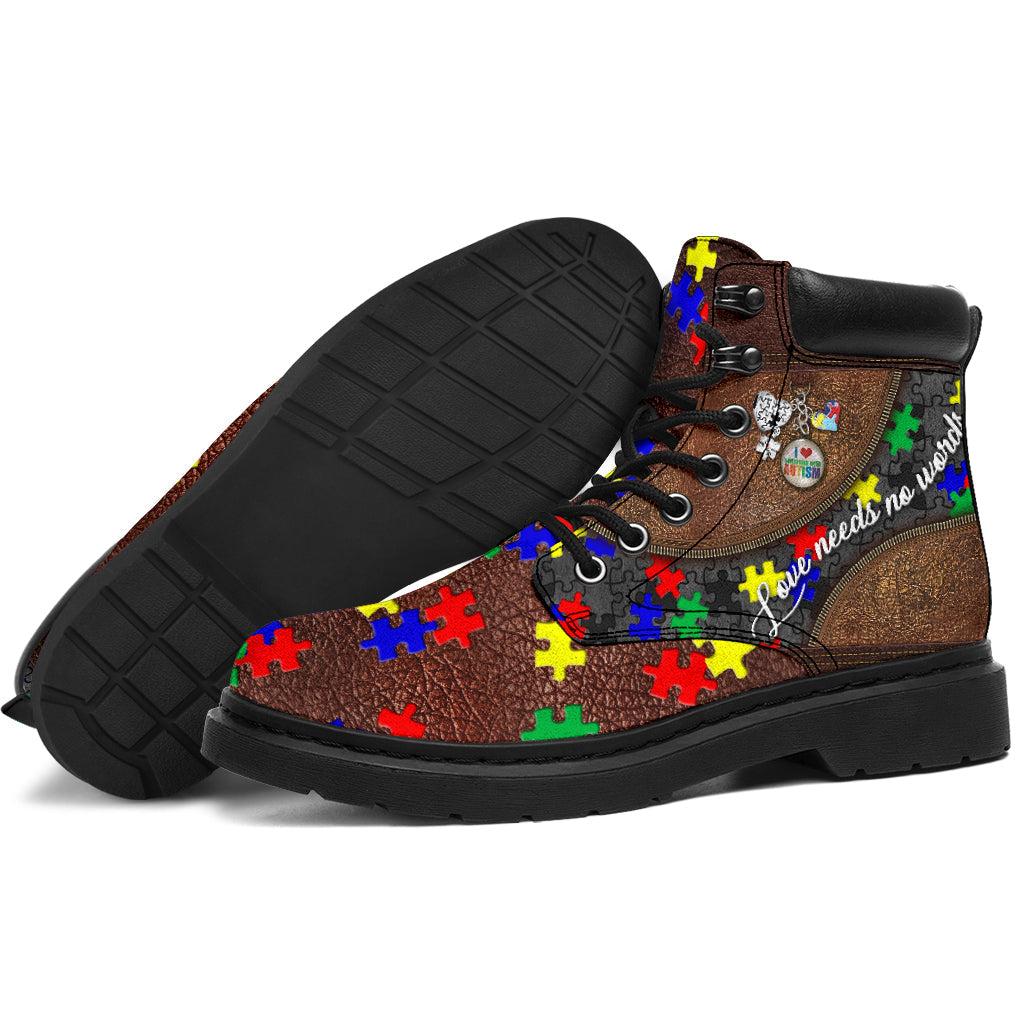 Love Needs No Words Leather Pattern Print Autism Awareness All Season Boots 0622