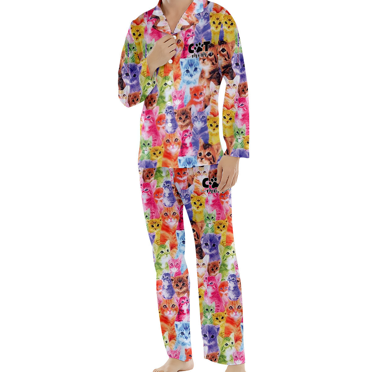 Photo Insert Transferring Into Colorful Style - Personalized Cat Button Down Pajamas