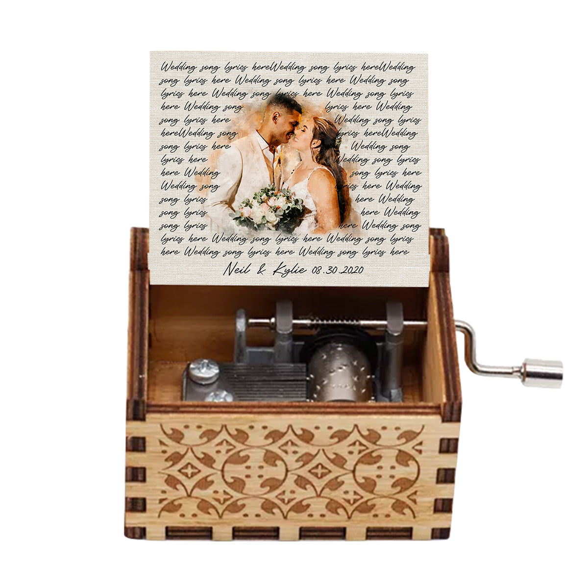 Wedding Song Lyrics With Personalized Watercolor Portrait - Personalized Husband And Wife Hand Crank Music Box