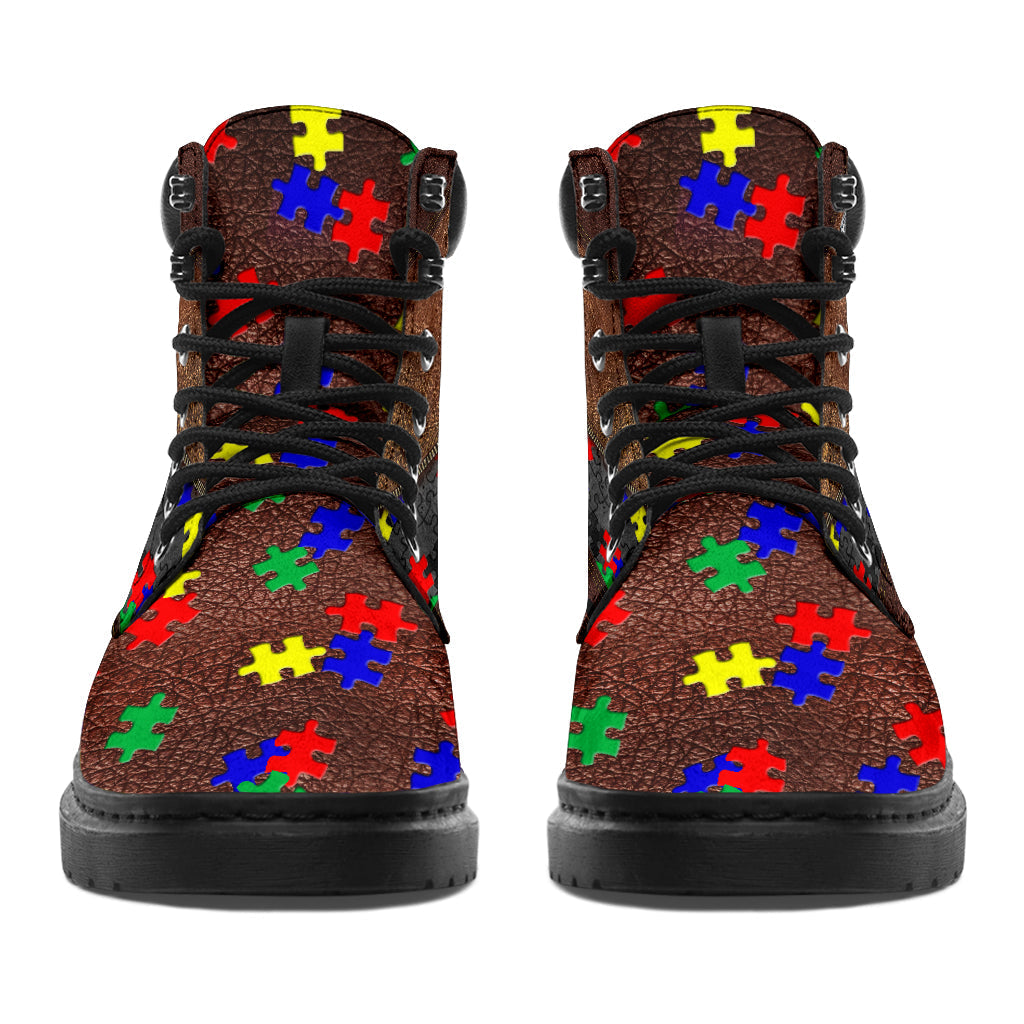 Love Needs No Words Leather Pattern Print Autism Awareness All Season Boots 0622