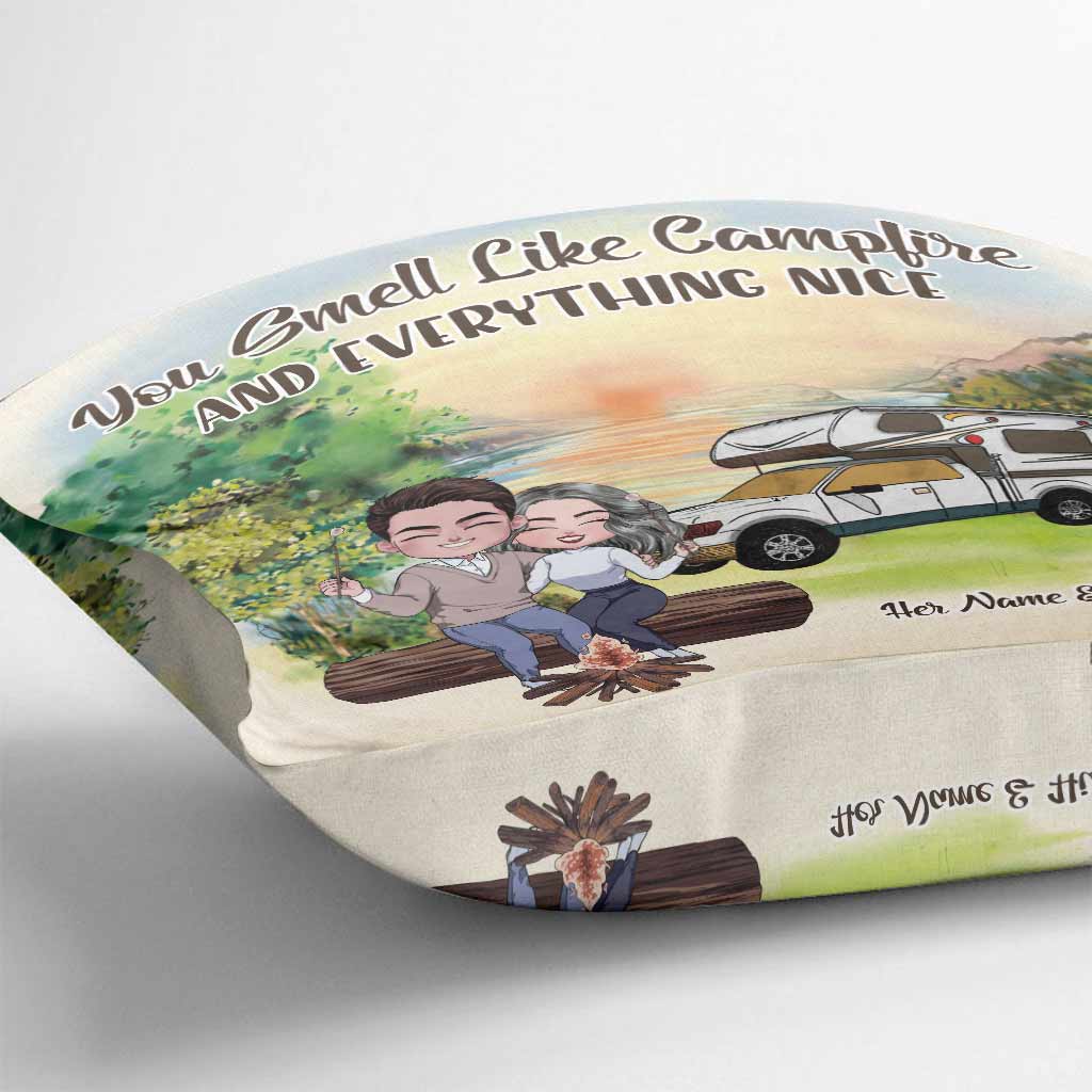 You Smell Like Campfire - Personalized Couple Camping Throw Pillow