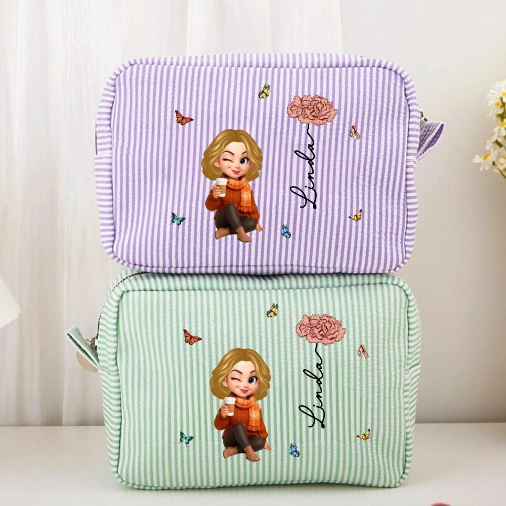 Stripes Makeup Bag with Cartoon Character Design, Portable Storage, Perfect Gift for Women